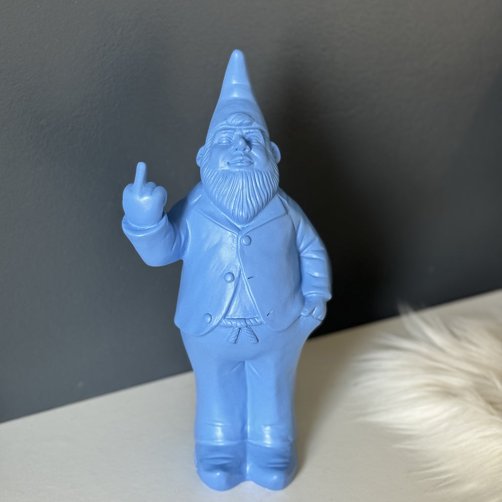 statue nain de jardin doigt d'honneur bleue